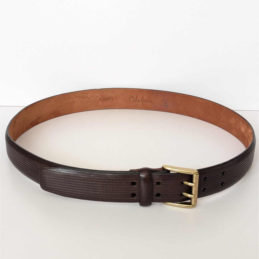 Cole Haan Mens 36 Brown Etched Leather Belt Solid Brass Buckle Double Prong